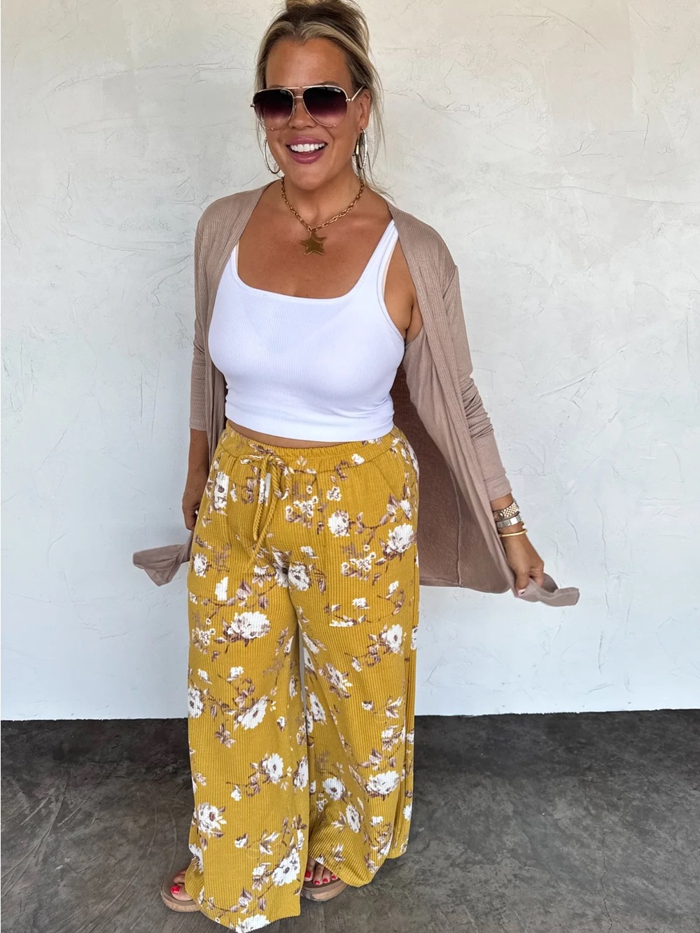 Mustard Floral Wide Leg Pants